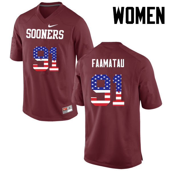 Women Oklahoma Sooners #91 Dillion Faamatau College Football USA Flag Fashion Jerseys-Crimson - Click Image to Close